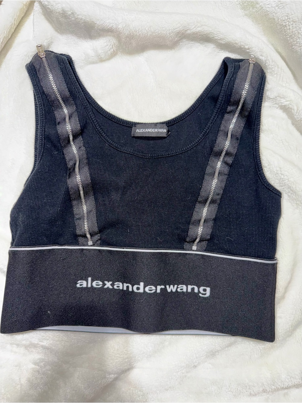 Alexander Wang Black Ribbed Logo Crop Tank with Front Zipper Tape